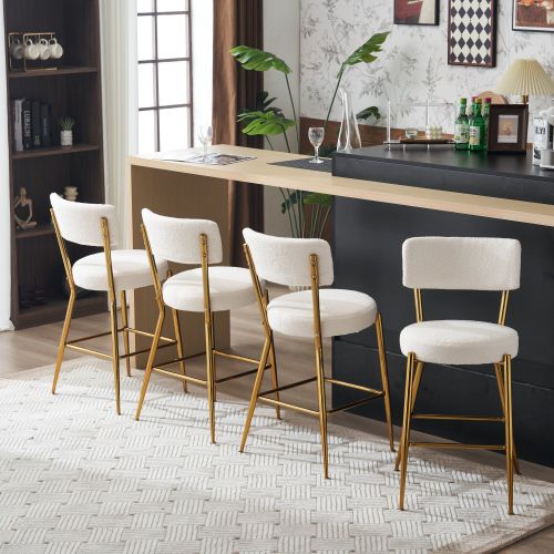 Set of 2 modern teddy fabric upholstered bar stools - Metal base high stool - Suitable for kitchen, dining and living room - Beige - Stylish and comfo Set of 2 modern teddy fabric upholstered bar stools - Metal base high stool - Suitable for kitchen, dining and living room - Beige - Stylish and comfo