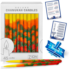 Deluxe Chanukah Candle set 45 Hand Made Thin Long Decorative Hanukkah Candles for Menorah - Blaze of Fire Includes Prayer Card and DIY Dreidel - D√©co